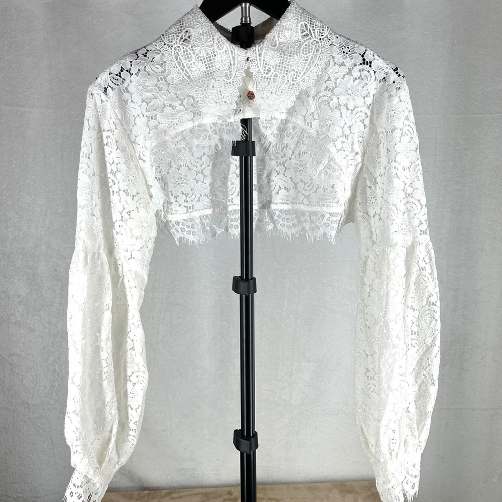Vintage Style White Lace Cropped Topper High Low Romantic Sheer Layering Blouse